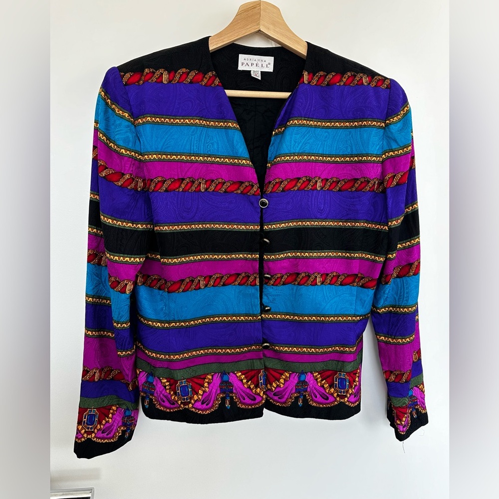 adrianna papell silk jacket medium vintage color block 80's 90's